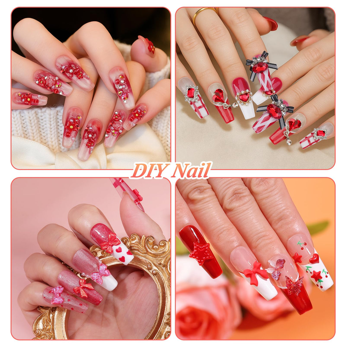 5 Boxes Nail Charms and Gems, 24Pcs Y2k Alloy Nail Art Rhinestone Charms 3D Bow Flower Crown Heart Star with Tweezers and Pick up Tools for Women Nail Design DIY Crafts Face Makeup Gems Jewels(Red)