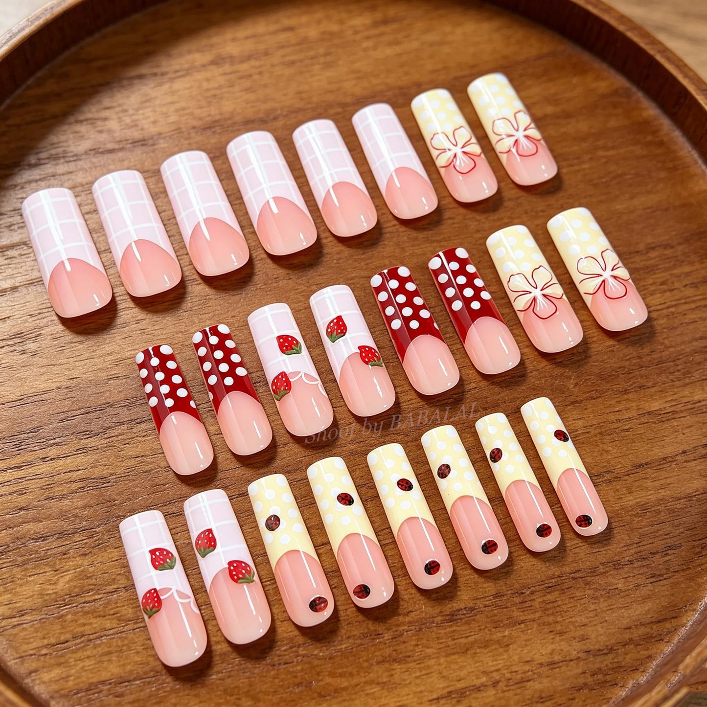 BABALAL Press On Nails, Long Square Fake Nails, Pink Yellow With Strawberry, Floral & Polka Dot Design, Cute Summer Glossy Full Cover Reusable Glue On Nails For Women And Girls 24Pcs
