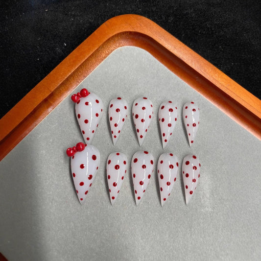 Handmade Press on Nails Red Polka Dot & Bow Fake Nail Designs Eagle Claw Press on Nails Unique Stiletto Thicked Acrylic Nails Cat Dragon Claw False Nails Luxury Stick on Manicuare Art for Women (M)