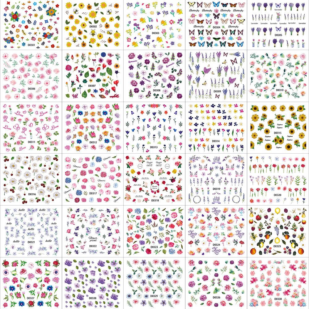 30 Sheets Flower Nail Stickers for Nail Art, 3D Self-Adhesive Wildflower Nail Decals, Sunflower Lavender Spring Nail Supplies Nail Art Design Accessories for Women and Girls Manicure DIY Decoration