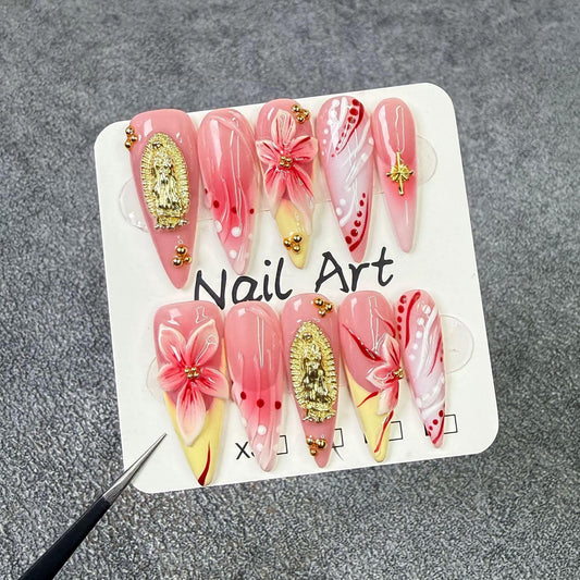 Threelegscat Handmade Press on Nails Long Almond Shape Fake Nails Stiletto Nail With Design for Women and Girls 10pcs Size M Pattern St1156