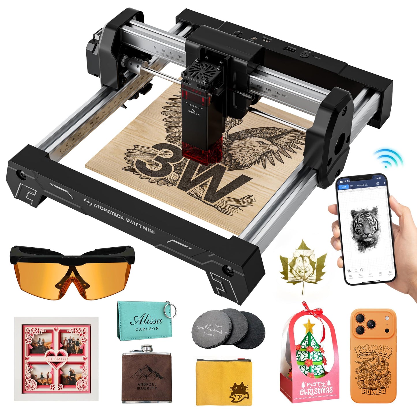 ATOMSTACK Swift Laser Engraver 3W for Beginners Swift Laser Cutter Machine Desktop Fully Pre-Assembled 135×145mm Area, 0.04mm High Precision DIY Wood, Leather, Crafts, Acrylic, Gifts, 3000mW