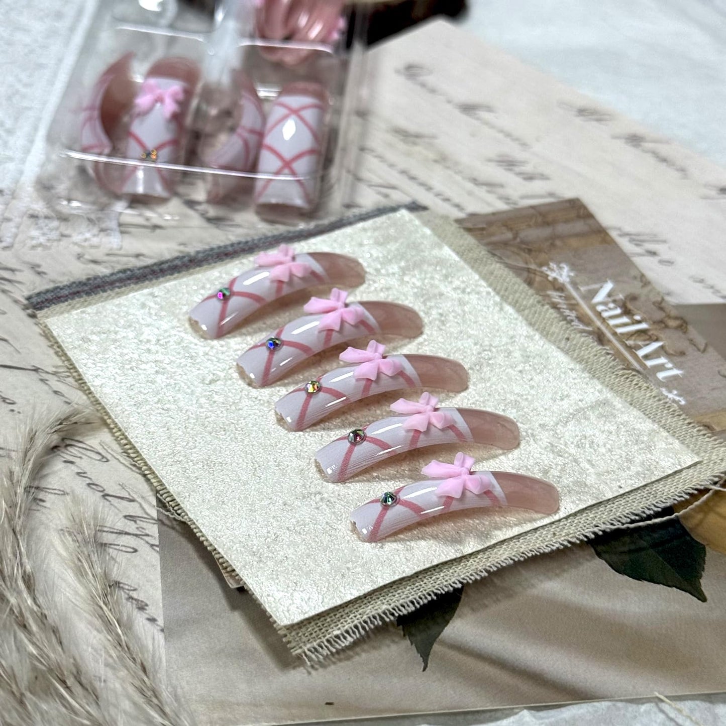IMSOHOT Extra Long Press on Nails Curved Fake Nails - Pink Bow, Rhinestone Designs White French False Nails Acrylic Artificial Stick on Nails for Women Girls 20Pcs
