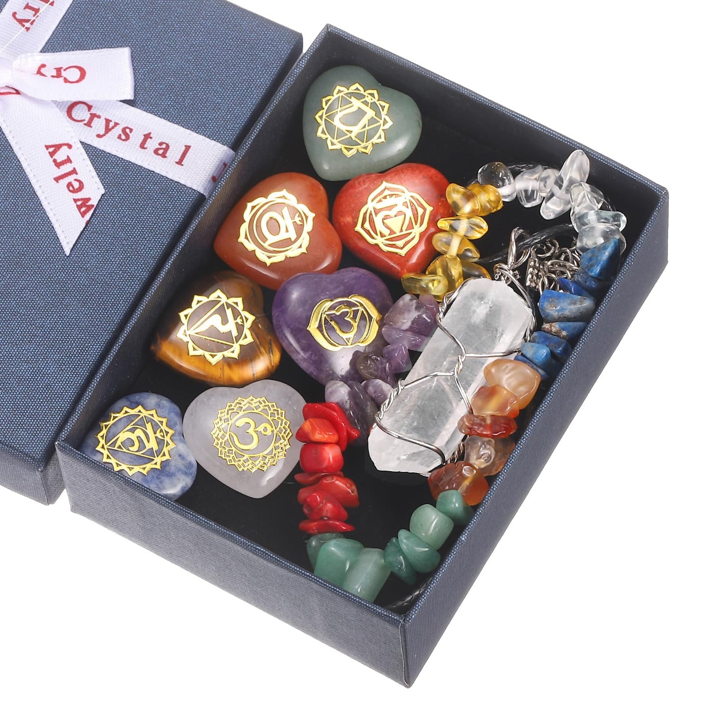 MECCANIXITY 7 Chakra Stone Set (Heart-Shaped) with Irregular Stone Bracelet & Necklace Gift Box for Healing Crystals Balancing Tumbled Palm Stone Meditation