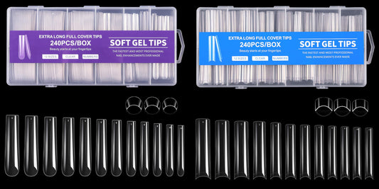 Cycullinyt Long Square Nail Tips, 240Pcs Full Cover + Half Cover Soft Gel Nail Tips Pre-shaped Clear Acrylic False Nail Tips Press On Nails for Extensions Manicure Home Salon DIY 12 Sizes