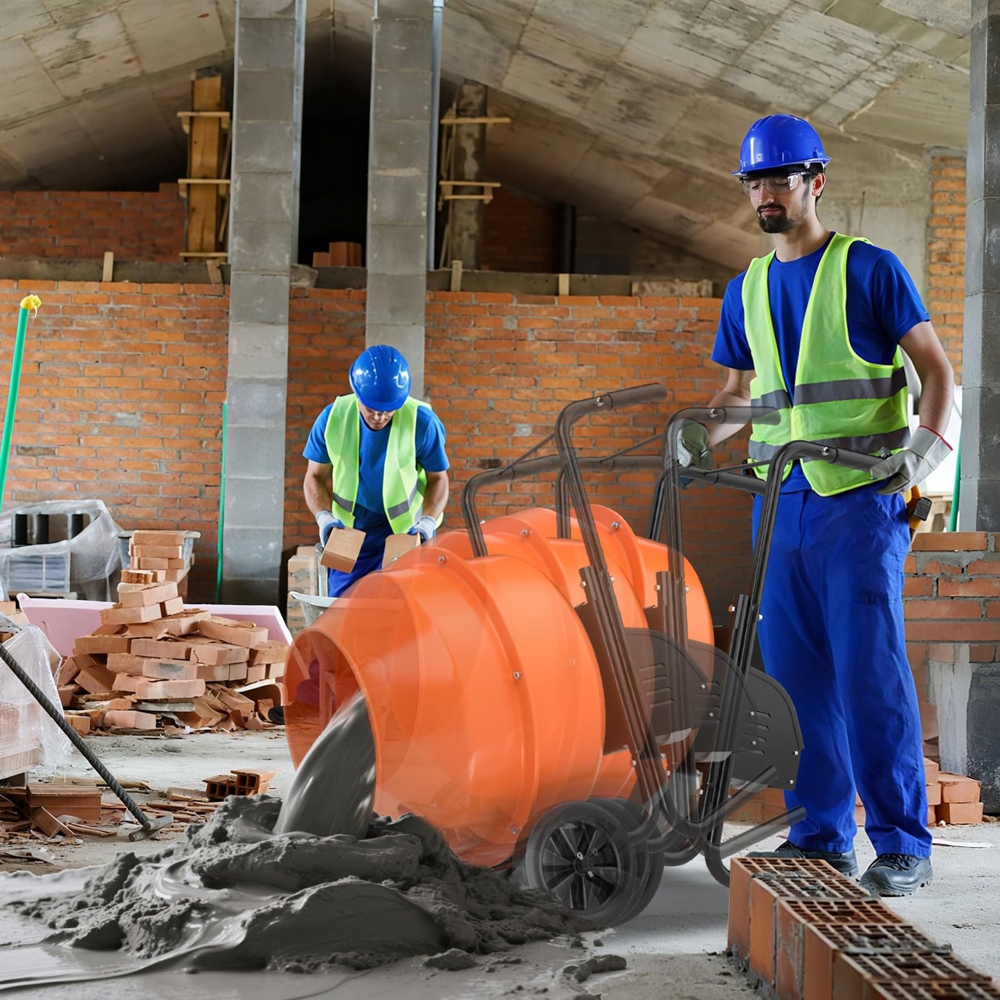 5.5CuFt Heavy-Duty Electric Cement Mixer 550W，220V Portable Concrete Mixer with Steel Frame & 2800 RPM Motor，Wheelbarrow Style for Construction, Garden, DIY