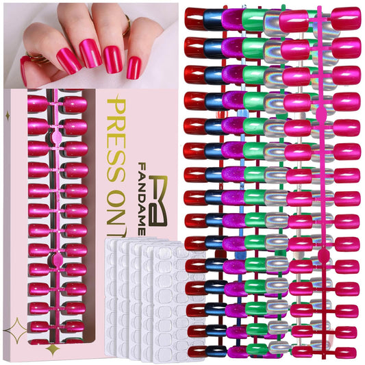 FANDAMEI Press on Nails, 6 Colors Press on Nails Short, Glossy Cat Eye Nails Short Square, Natural Fake Nails for Women, with Adhesive Tabs