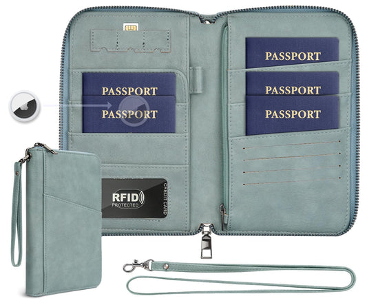 Family Passport Holder Wallet RFID Travel Document Organizer for Women Men, Portable Case Cover for Cards, Boarding Pass with Wrist & Neck Strap, Airtag Pocket, Travel Essentials Gifts (Blue, 1pack)