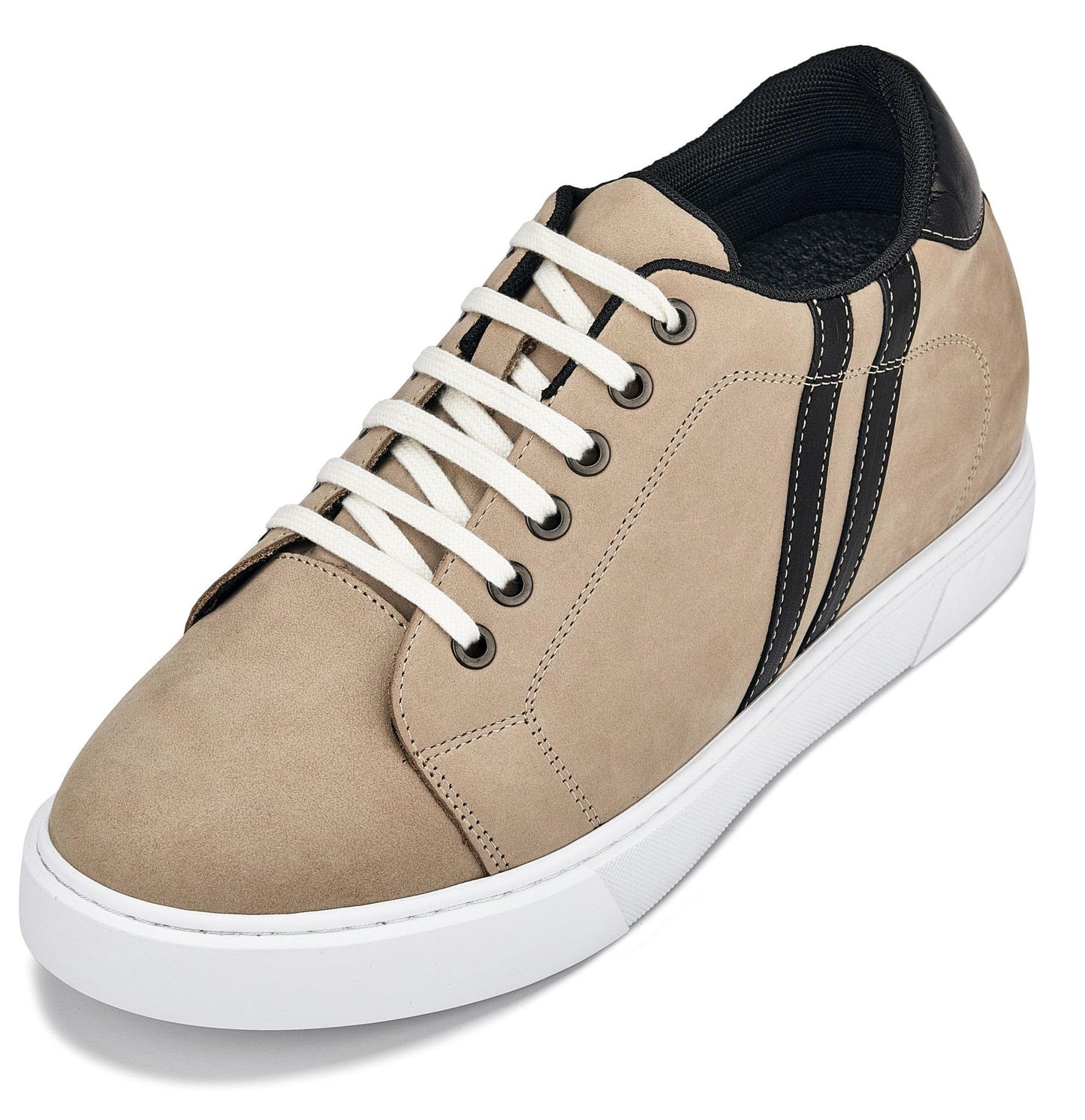 CALTO Men's Invisible Height Increasing Elevator Shoes - Nubuck Taupe Leather Lace-up Fashion Sneakers - 2.8 Inches Taller - K1552 - Size 9 D(M) US