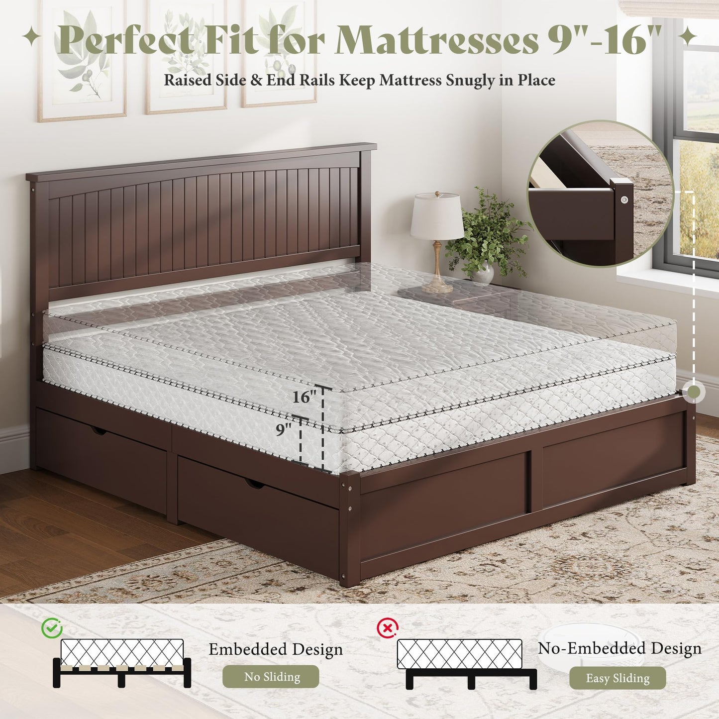 AMERLIFE Queen Size Solid Wood Bed Frame with 50" Tall Headboard, Mid-Century Modern Bed with Storage Drawers, Clean Wooden Platform Bed, 2 Side Drawers/No Box Spring Needed/Espresso Walnut