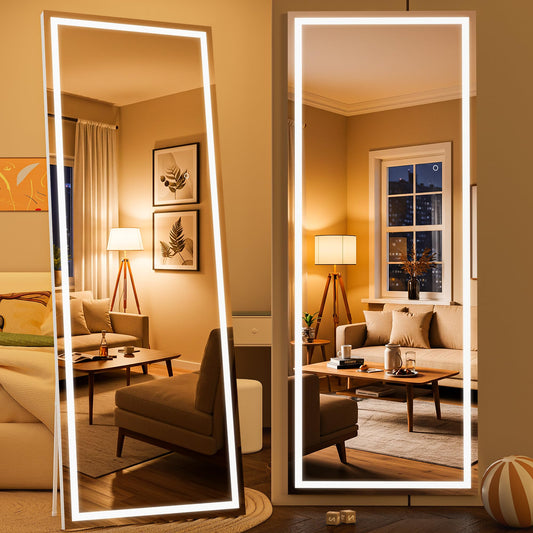 WINNICE Full Length Mirror with Lights, 67" x 24" LED Lighted Floor Standing Body Mirror, Dimmable & 3 Color Lighting for Bedroom, Cloakroom, Dressing Room, Tempered Glass, White Frame