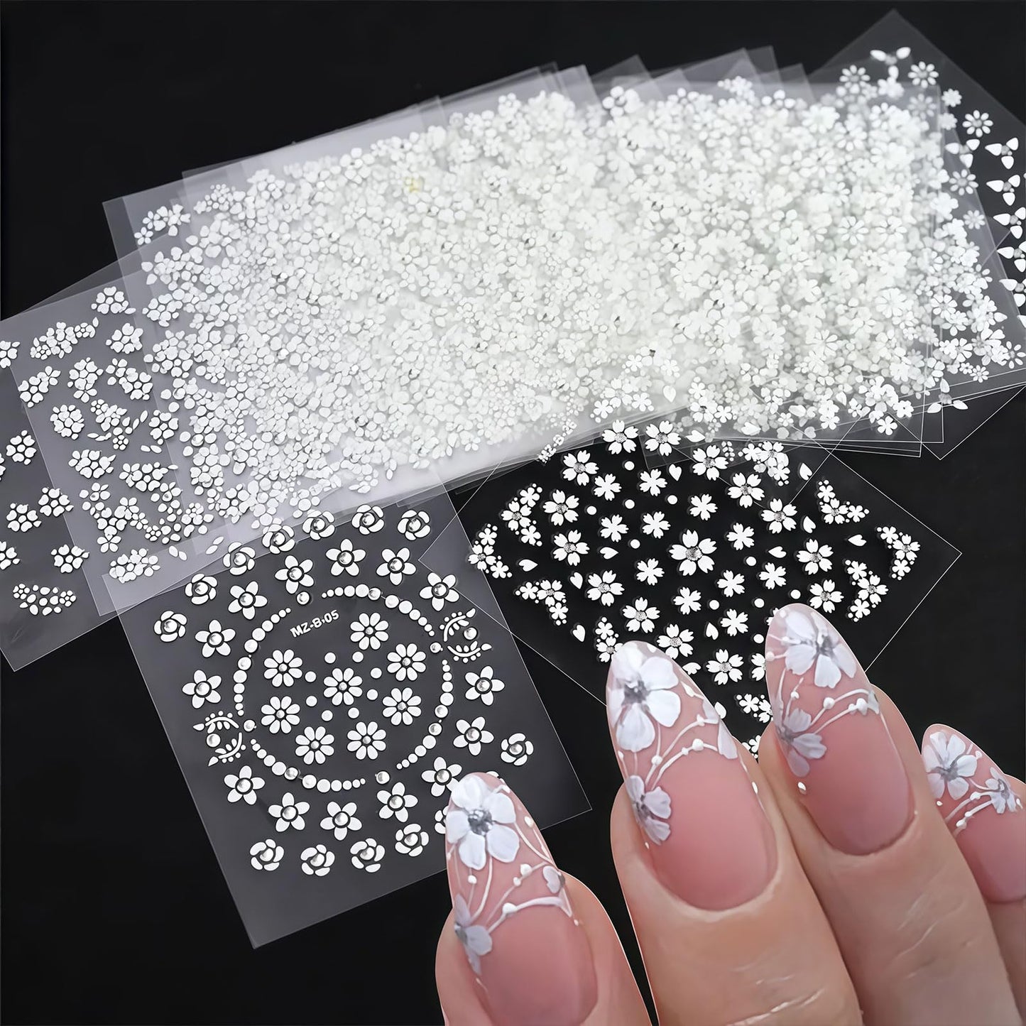 30 Sheets White Flower Nail Art Stickers, 3D Rhinestones Self Adhesive Floral Supplies Decals, Decoration Accessories for Women and Girls