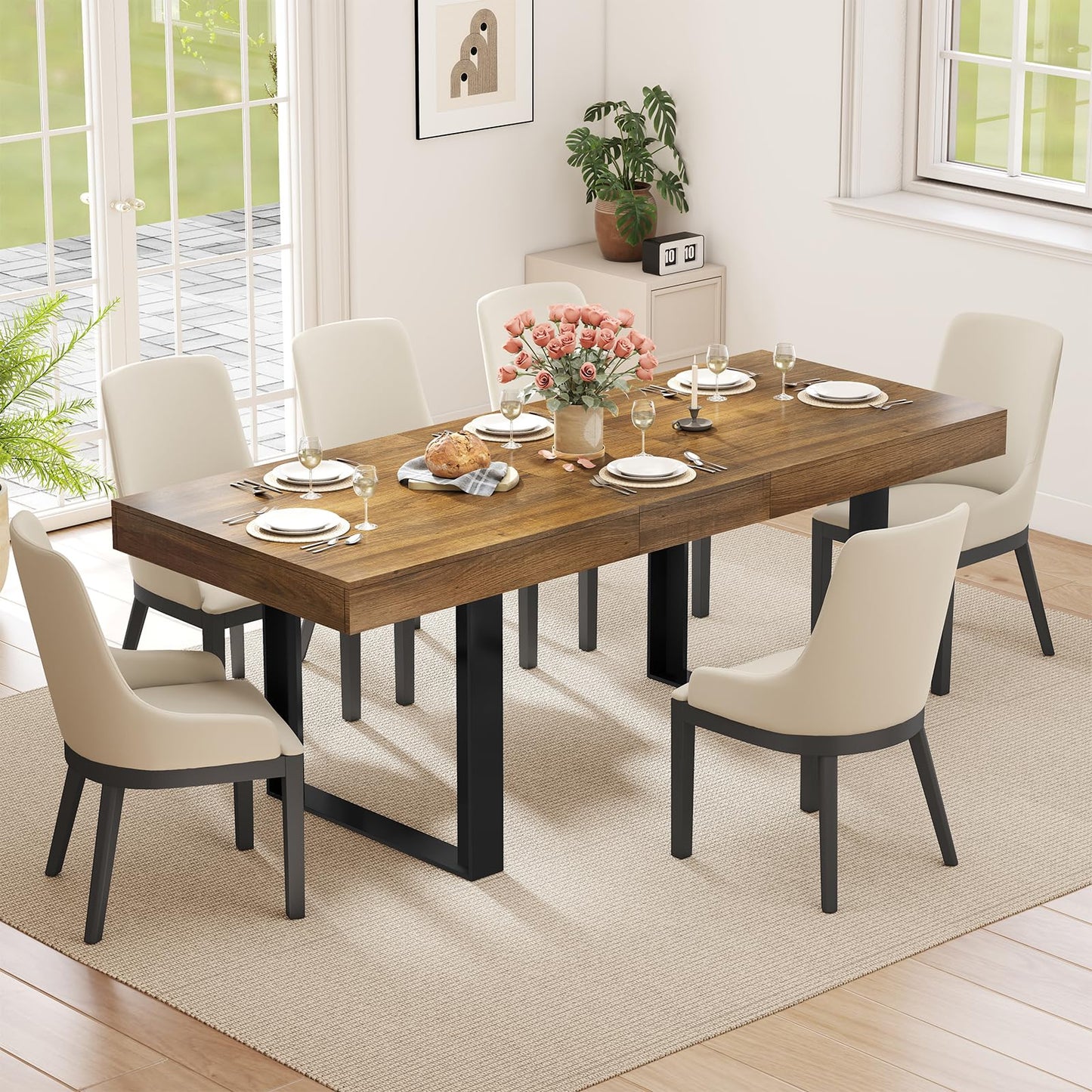 Zevemomo 63"-78.7" Expandable Dining Table, 6-8 Extendable Dining Table, Rectangle Conference Table, Farmhouse Kitchen Table with Slide Track, Tapered U-Shaped Wood Legs for Office, Living Room-Brown