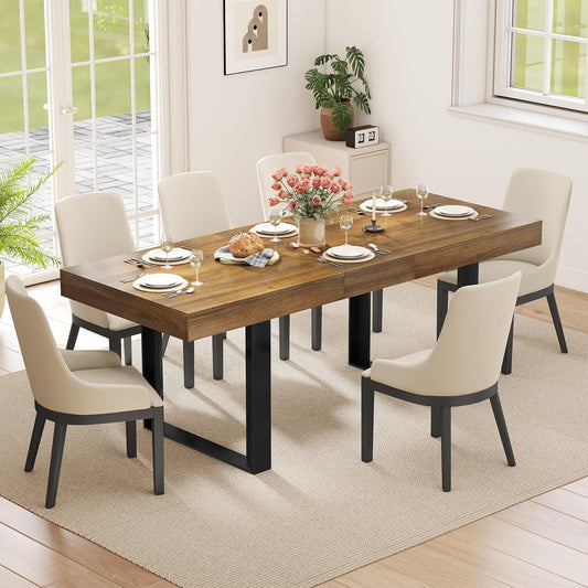 Zevemomo 63"-78.7" Expandable Dining Table, 6-8 Extendable Dining Table, Rectangle Conference Table, Farmhouse Kitchen Table with Slide Track, Tapered U-Shaped Wood Legs for Office, Living Room-Brown