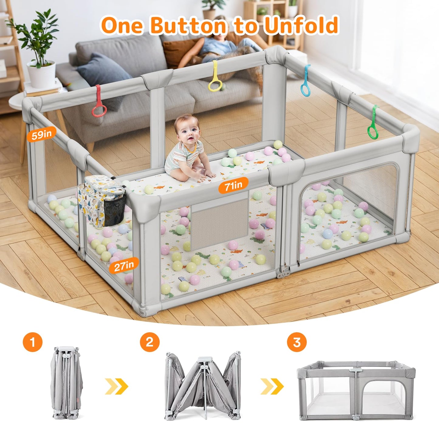 Adotocam Foldable Baby Playpen with Mat, 71"x59" Playpen for Babies and Toddlers, Large Collapsible Play Pen, Portable Safe Play Yard with Gate, Breathable Mesh, Anti-Fall