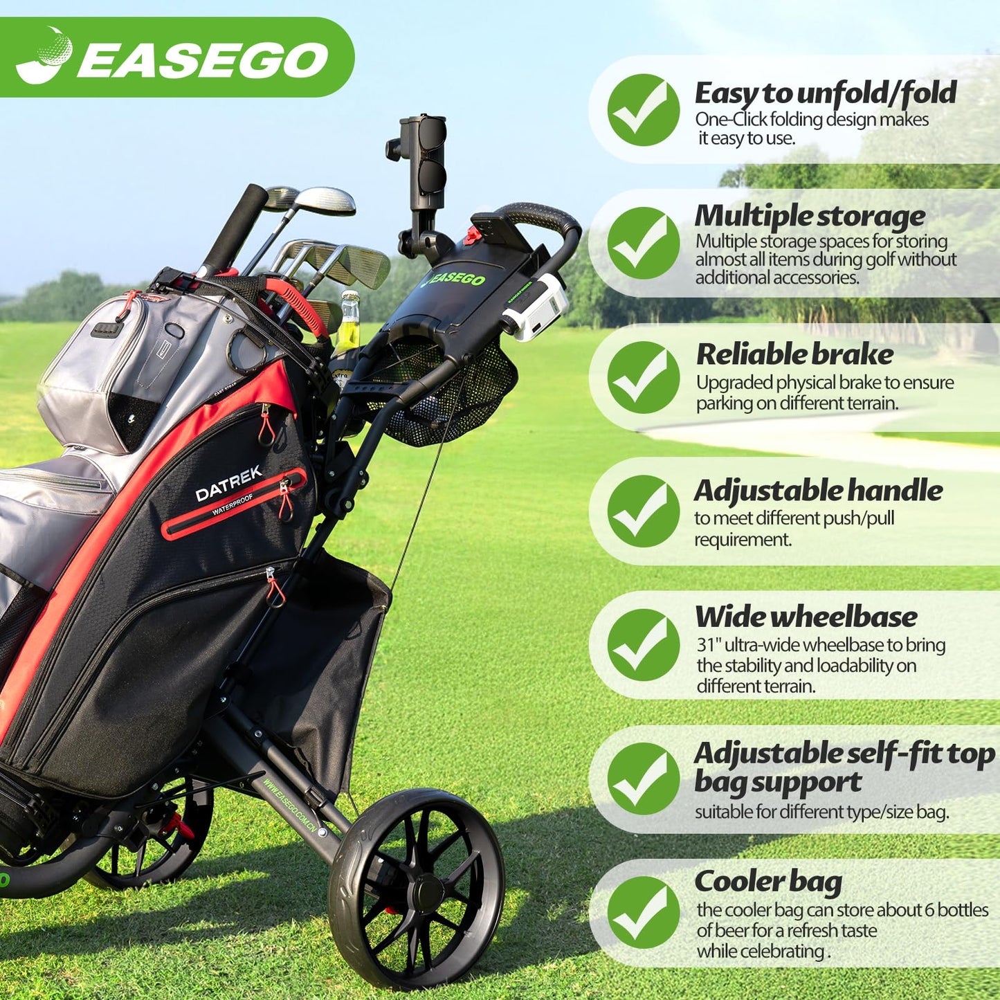 EASEGO Golf Push Cart 3 Wheel : Golf Bag Cart Foldable with Phone Holder/Cup/Umbrella Holder Compact Golf Pull Carts Quick Fold Golf Caddy Push Carts with Large Wheelbase for Different Terrain(Black)