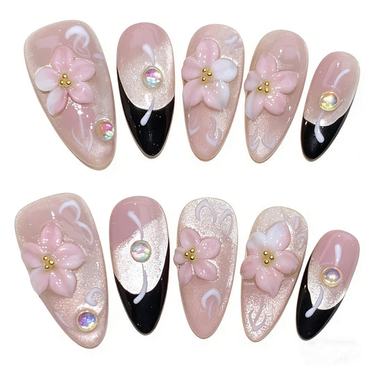 Handmade Press On Nails Medium Almond Pink Glitter Cats Eye Carved Flower Reusable Wedding Prom And Festival Gift Handmade Acrylic Press On Nails Aacrylic Nail (M)