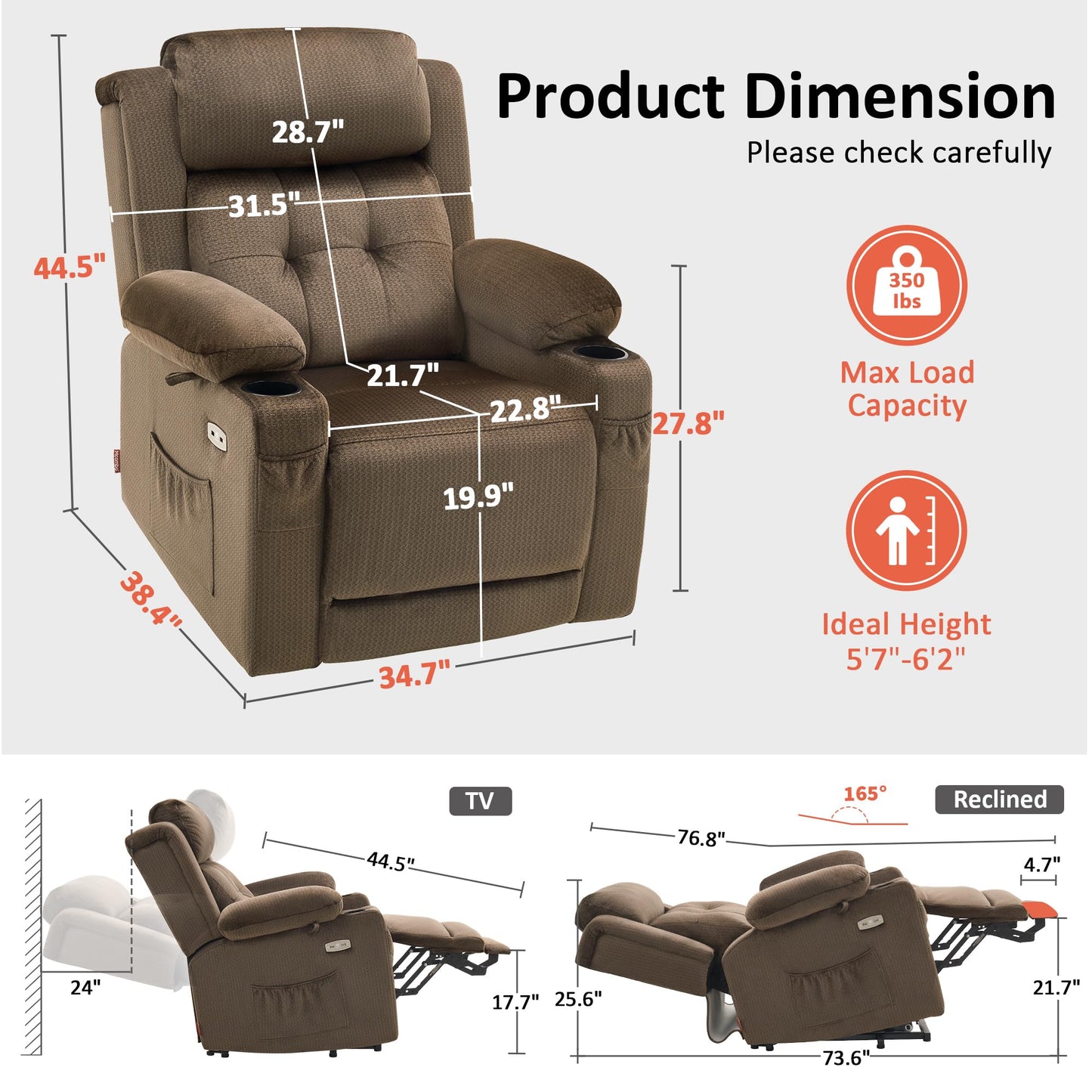 MCombo Large Triple Motor Power Lift Recliner Chair with Massage and Heat for Elderly People, Adjustable Headrest, Infinite Position, USB Ports, Fabric 7662 (Brown, Large)