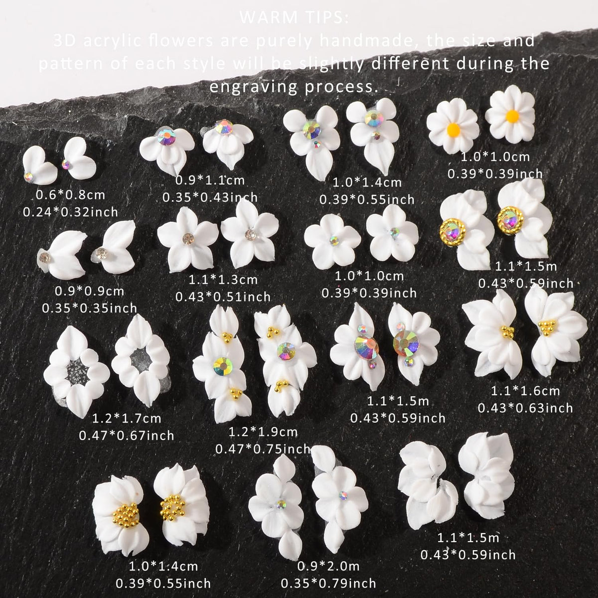 BAIYIYI 30pcs 3D Pure Handmade Acrylic Flowers Nail Charms with Rhinestones Wedding Festival Nail Art Spring Summer Nail Decoration White Flowers Charms DIY Suitable for Women Girls Gifts (01)