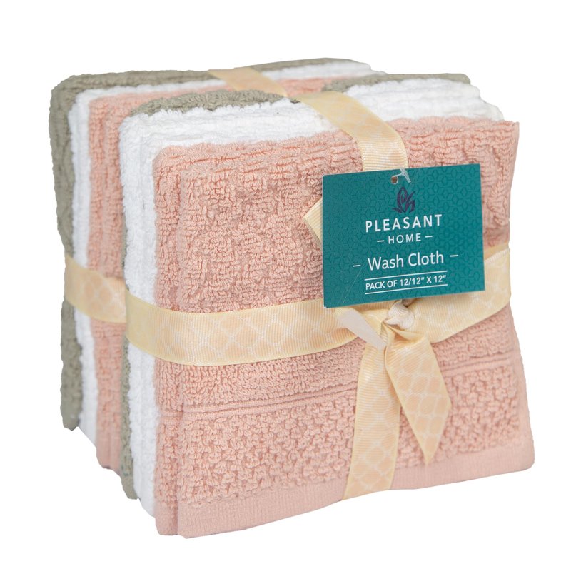 PH Pleasant Home Diamond Wash Cloths Set - 12 Pack (12” x 12”) – 509 GSM - 100% Ring Spun Cotton Wash Cloth - Super Soft and Highly Absorbent Face Towels (Blush, White & Tan)