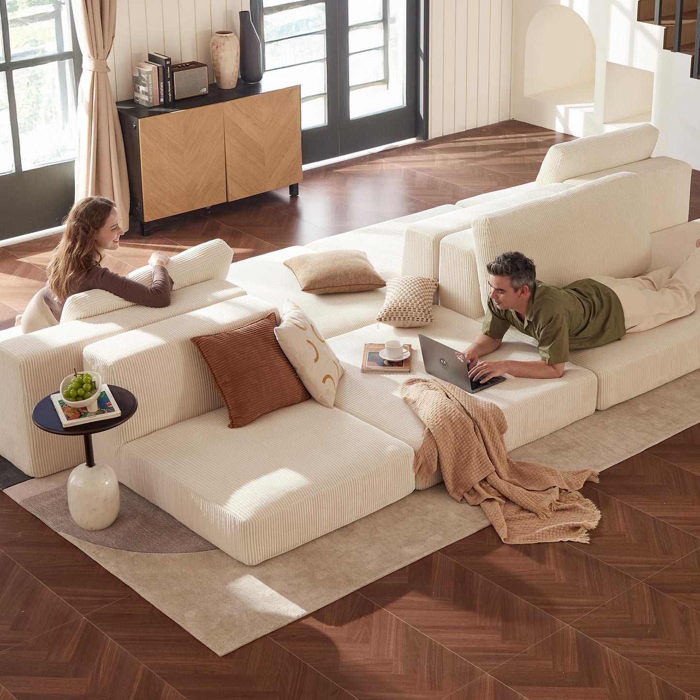 Modular Sectional Sofa, 120.47" Modern Cloud Couch Sectional Sofa with L-Shaped Chaise Comfy Corduroy Fluffy Couch with Deep Seat Boneless Couches for Living Room Bedroom, Beige
