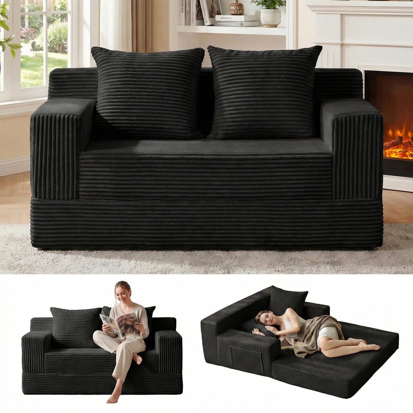 Erament Loveseat Boneless Convertible Sofa Bed, Folding Floor Futon Sleeper Sofa Couch Bed- Boneless Foldable Couch, Corduroy Pull Out Sofa Bed with 2 Pillows for Living Room & Bedroom