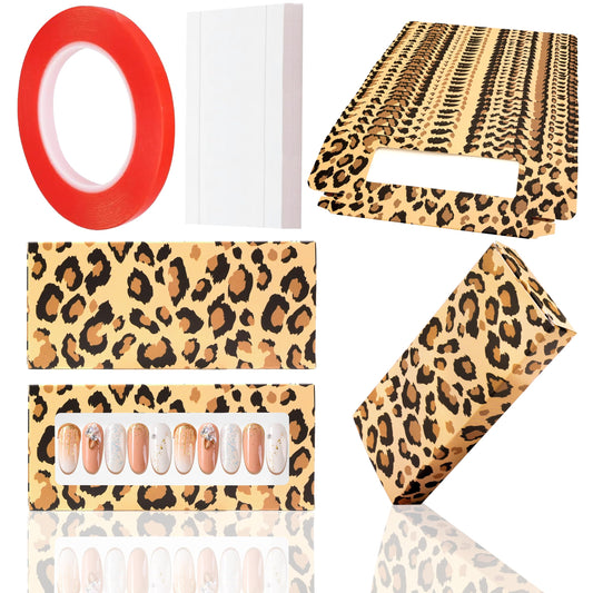 HLQHXWHZT 71 Pcs Include 35Pcs Empty Press on Nails Packaging Box 35 Pcs White Background Papers and 1 Double Sided Tape, Empty Nail Package Box Set for Press on Nail Business(Brown Leopard)