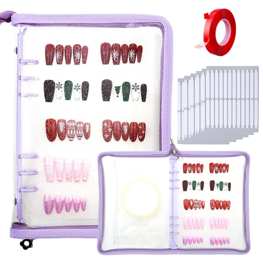 Oskrieel Press on nail storage Nail Storage Book - Portable Versatile Organizer for Press - On Nails, Jewelry and More with 90 Pcs Adhesive Double Sided Tape Purple
