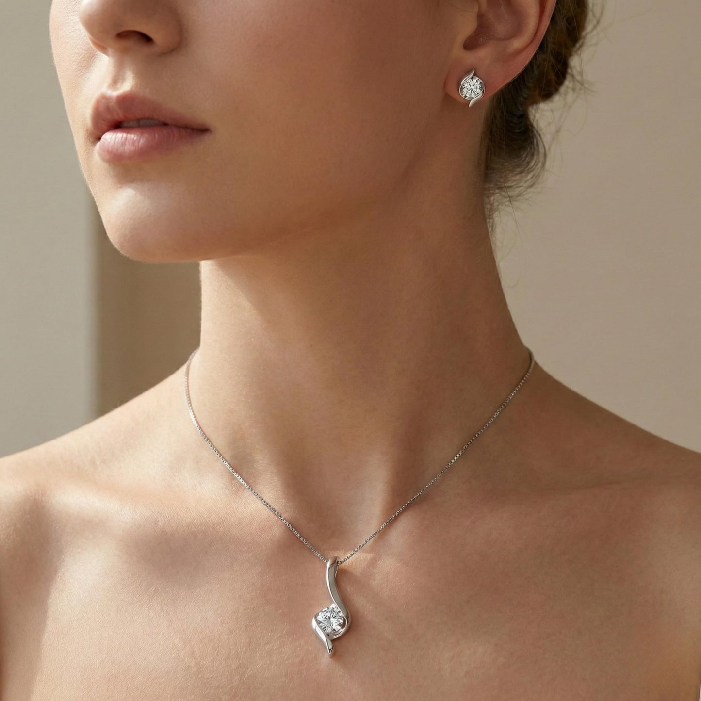 Exquisite Moissanite & 925 Sterling Silver Jewelry Set: Trendy European Design with Pendant (1 Carat, 1/4-inch, 6.5mm) and Earrings (Each: 0.5 Carat, 3/16-inch, 5mm) – Elegant Leather Gift Box Included (Silver Set)