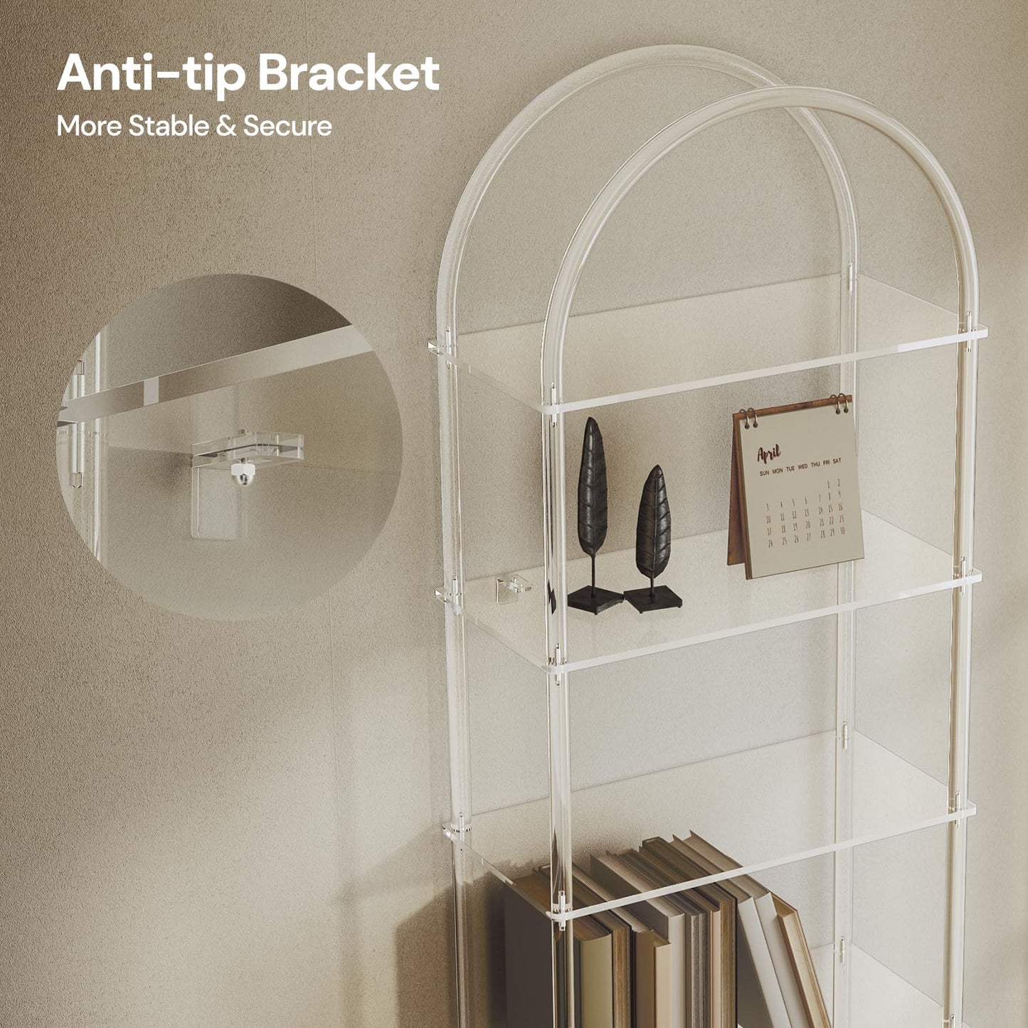 CRTERICX Acrylic Arched Bookshelf, 5-Tier Clear Bookcase, Modern Open Book Shelves for Home Office, Bedroom, Living Room, 11.8" D x 23.64" W x 65.7" H