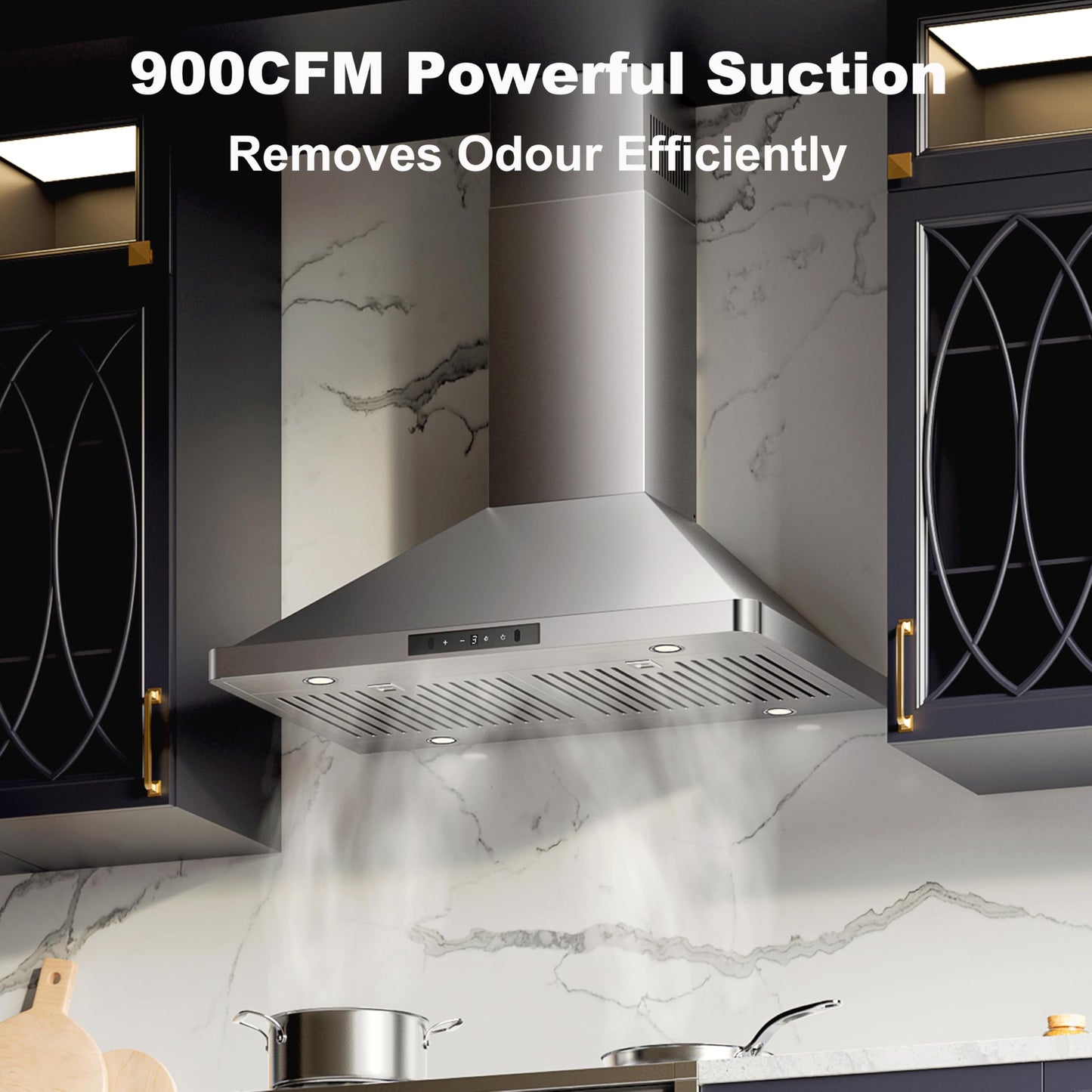 EVERKITCH Wall Mount 30inch Range Hood with 900CFM, Dual Fans, 3-speed Gesture Sensing & Touch Control, Ducted and Ductless Stainless Steel Kitchen Vent Hood with Permanent Baffle Filters