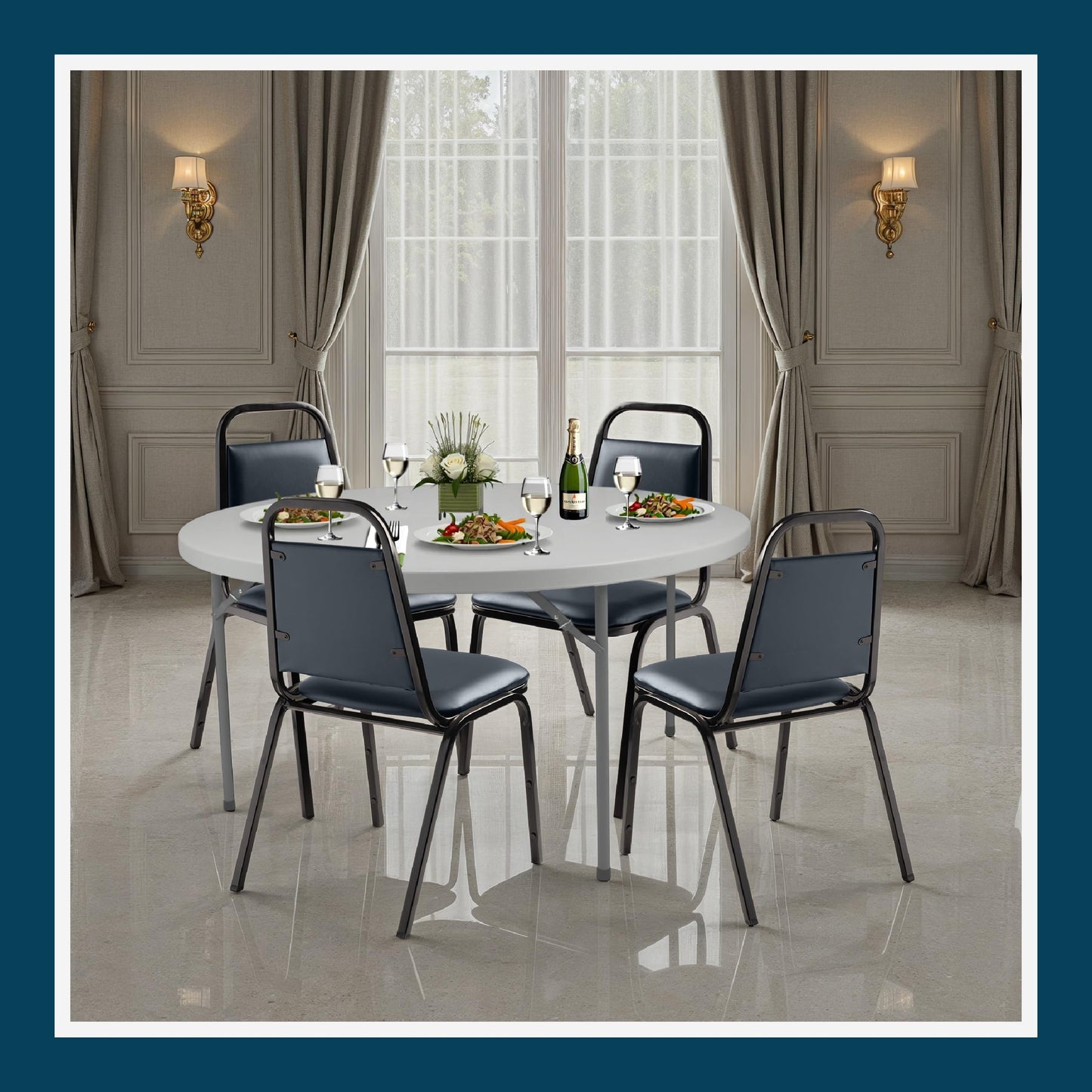 OEF Furnishings OEF9100 Series Banquet Chairs Premium Commercial Seating (4 Pack, Vinyl, Midnight Blue, Black Frame)