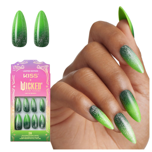KISS X WICKED: FOR GOOD Press On Nails Almond, ‘I Feel Wicked’, Green, Long, Waterproof, Chip Proof, Smudge Proof, 28 Fake Nails, Pink Gel Nail Glue (2g), Mini Nail File, & Manicure Stick