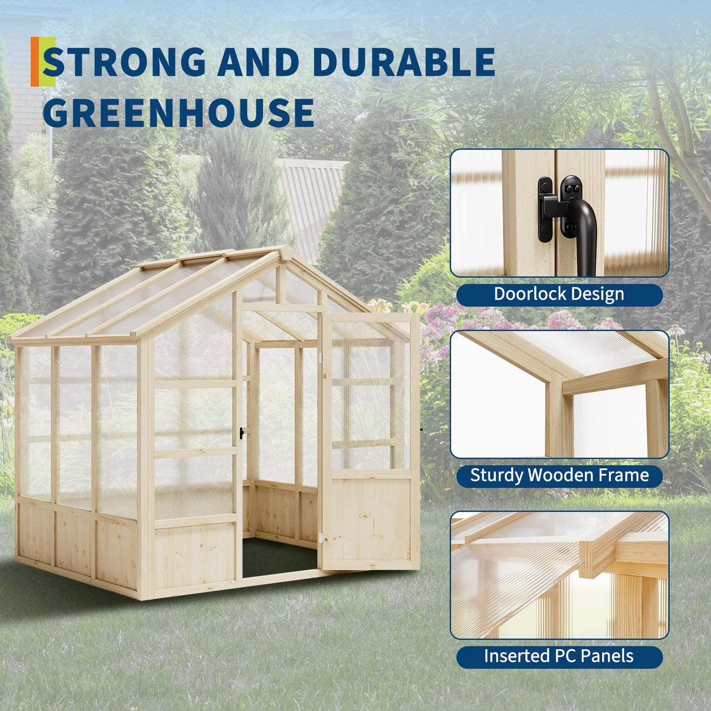 Wooden Greenhouse, 6x8FT Greenhouses with Lockable Door, Wood Frame & Adjustable Vent, Greenhouse with for Outdoor, Garden, Yard, Light Brown