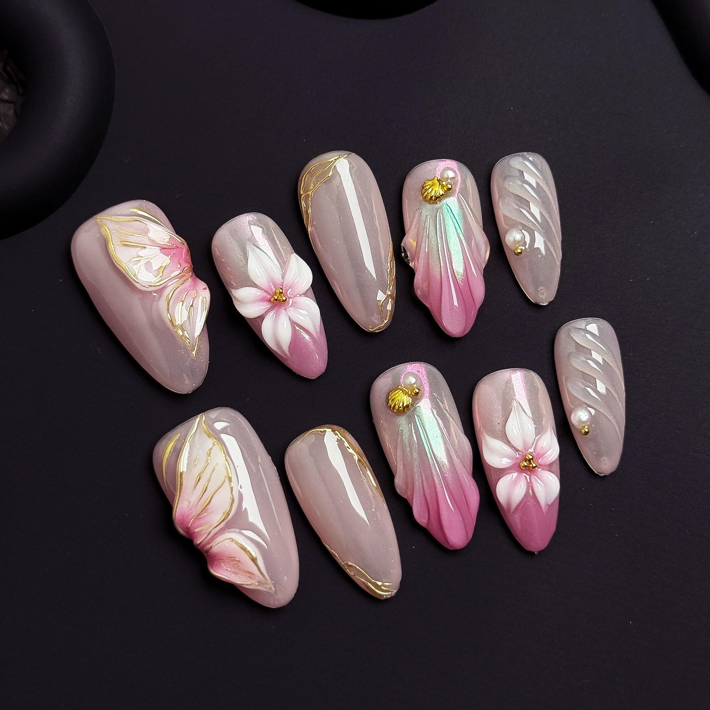 10 Pcs Press On Nails 3D Floral Pink Yellow Gradient Aurora Petal Gold Accent Soft Glam Artistic Fake Nails, Acrylic/UV Gel Romantic Summer Blossom Pastel Iridescent Wearable Nails (Multicolor, M)