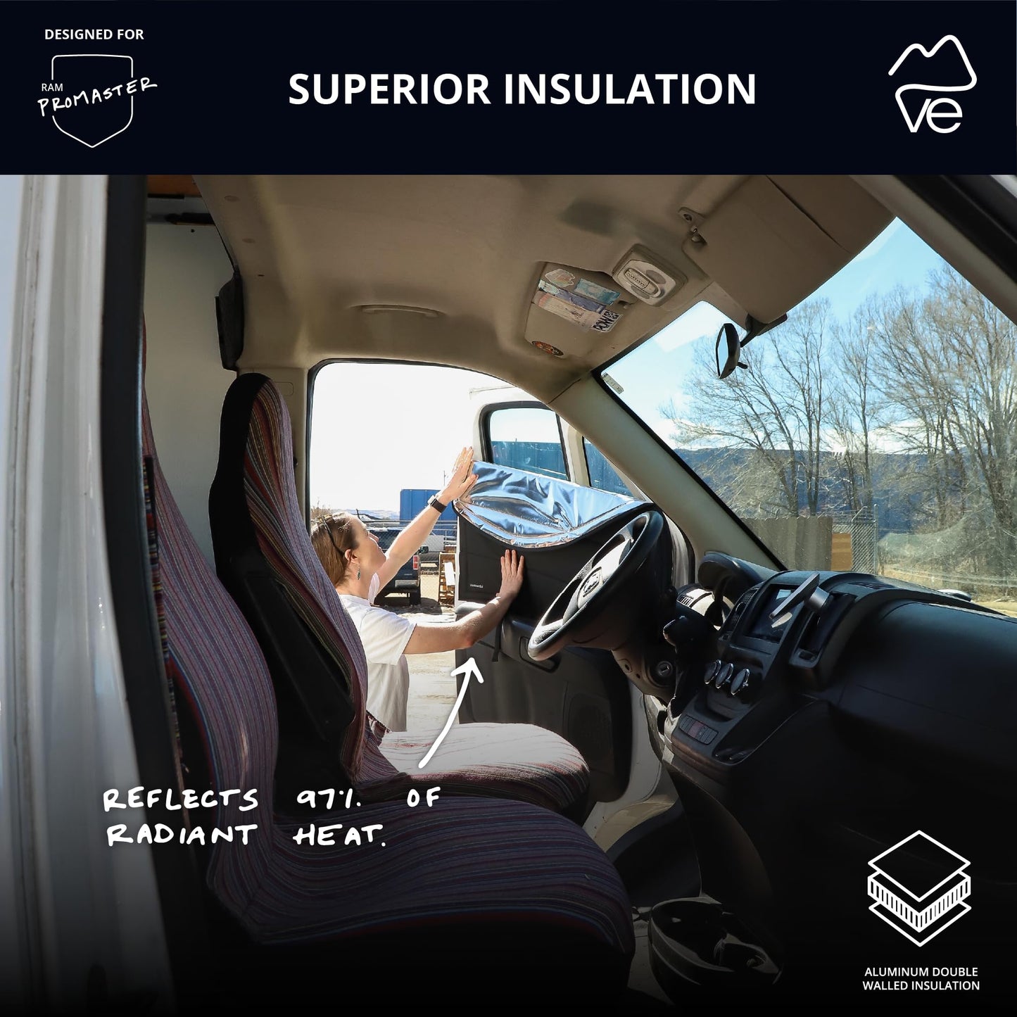 VanEssential Insulated Reflective Blackout Front Door Window Covers Designed for RAM Promaster Van Years 2014 to Current Model (Pair) - Charcoal Gray Reflective