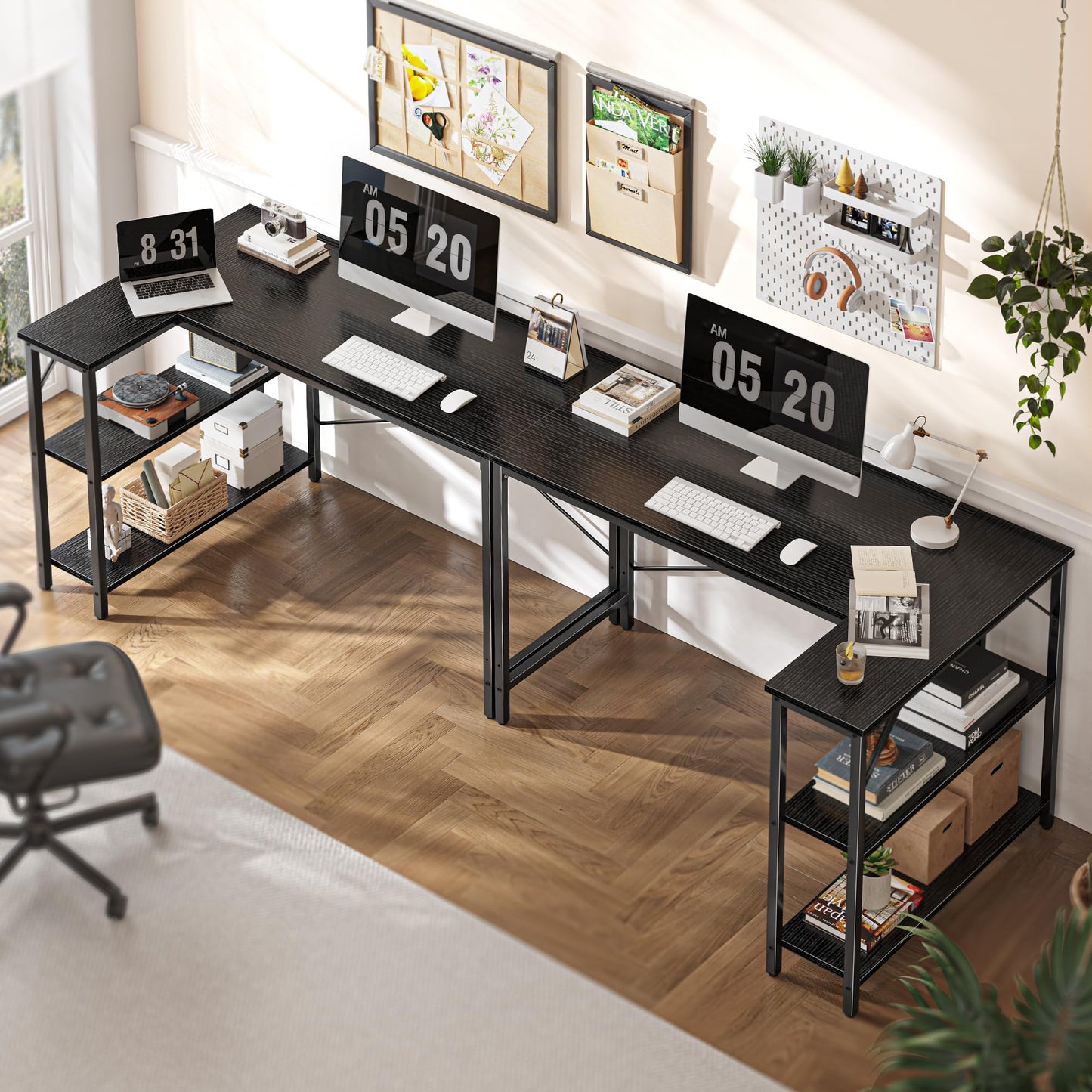 Huuger L Shaped Desk, 47 Inches Computer Desk with Reversible Storage Shelves, Gaming Corner Home Office Writing Study with Metal Frame, Black