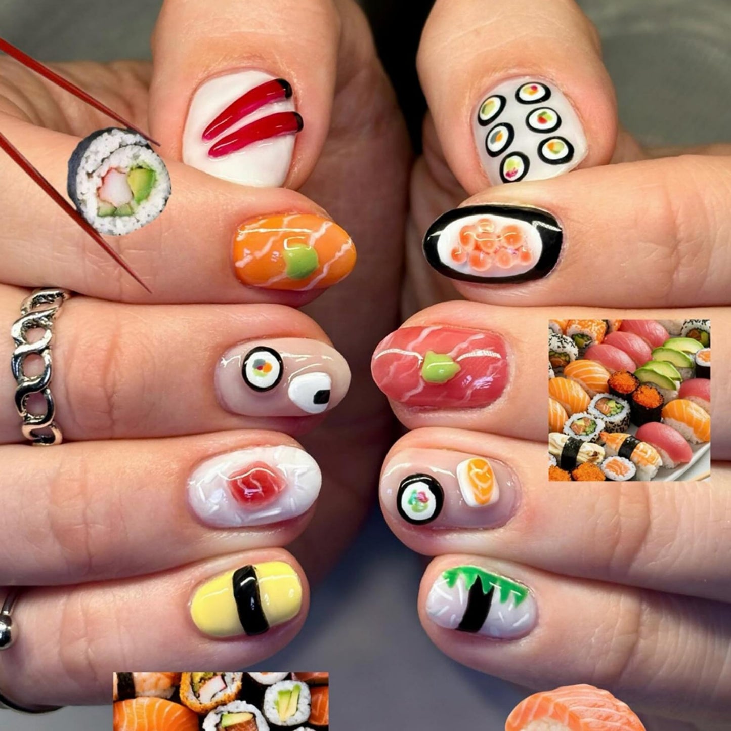 Octoswave 3D Sushi Press on Nails Short Oval Fake Nails Kawaii Japanese Food Design for Women Girls Cute Art Artificial Nails 24Pcs