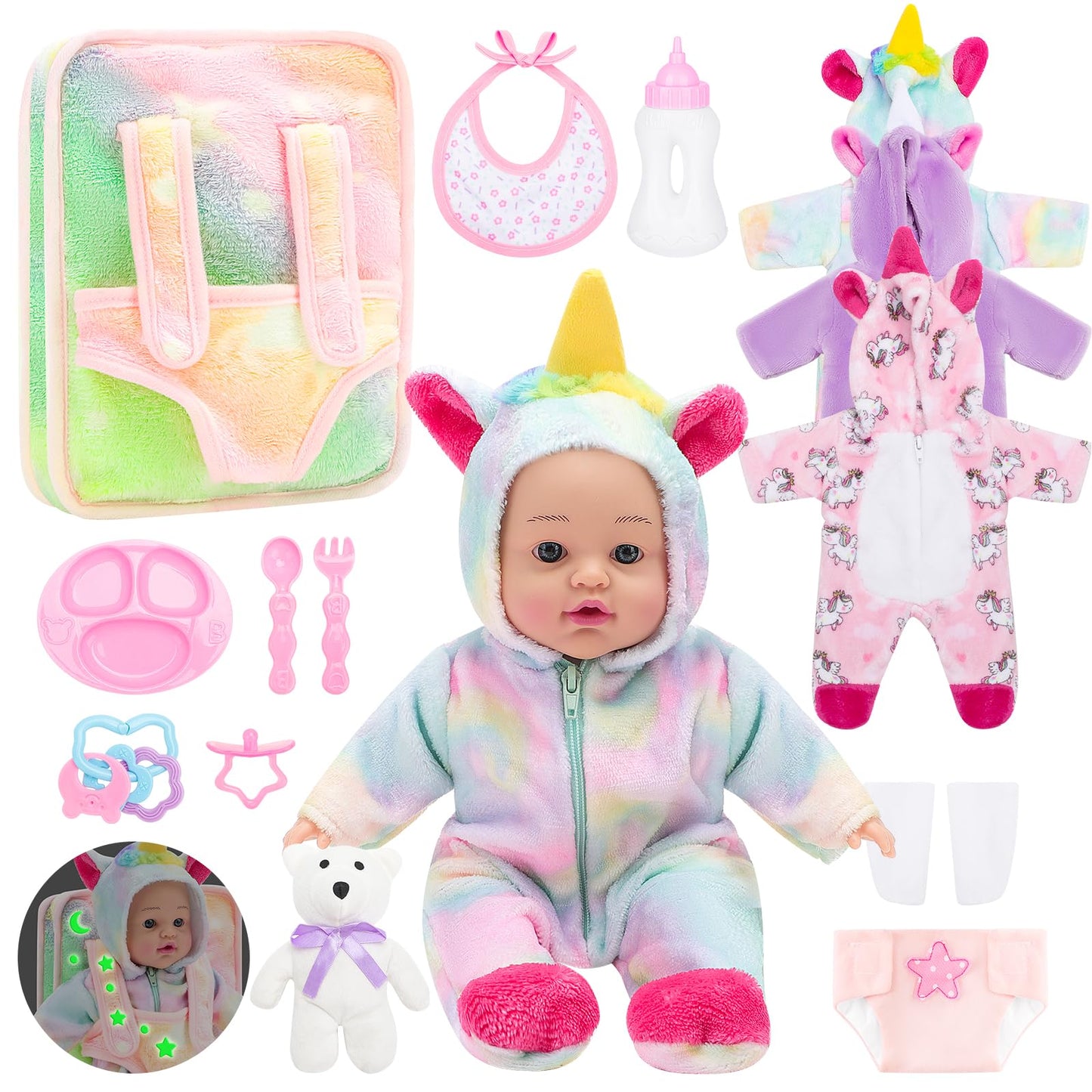 deAO 12 Inch Soft Baby Doll Backpack Glow in Dark Carrier Playset Toys Baby Care Toys Set with 12''Doll Clothes Bottle Accessories Birthday Gift for Toddlers Boys Girls