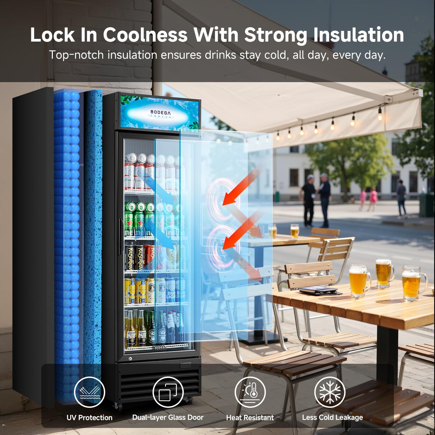 BODEGACOOLER 255L/270 Qt Commercial Beverage Refrigerator | Glass Door Merchandiser Fridge with LED Light, 32°F-50°F Temp, Energy-Saving & Magnetic Seal, 4 Adjustable Shelves for Bar/Office/Kitchen