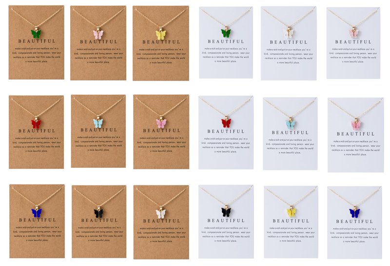 18PCS Colorful Butterfly Pendant Necklace for Women Bohemian Acrylic Adjustable Retro Card Clavicle Chain Insect Animal Necklace Friend Friendship Party Jewelry Gift (Golden Card & White Card 18pcs)