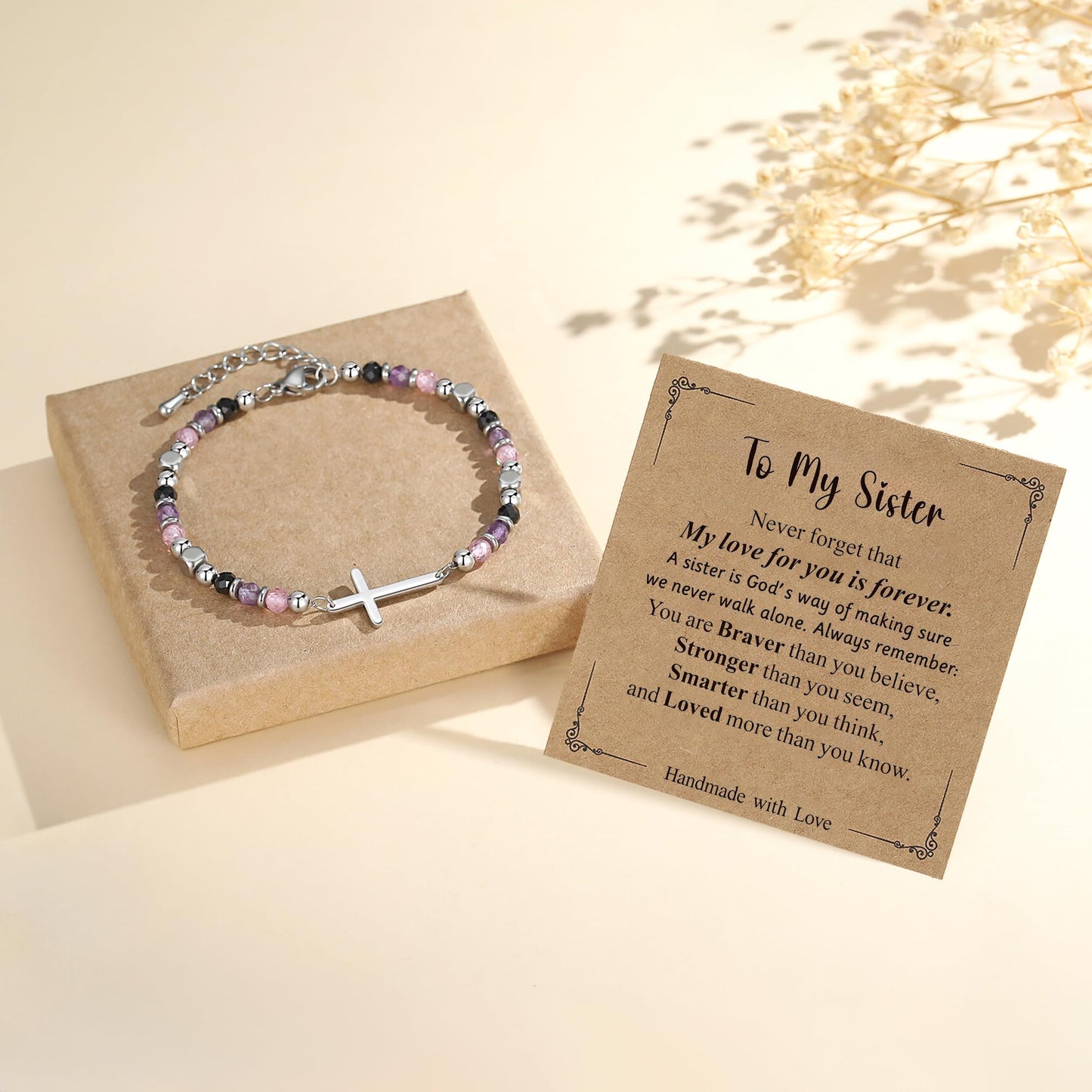 Sisters Gifts from Sister, Dainty Christian Cross Bracelet Adjustable Crystal Anxiety Relief Jewelry for Birthday, Graduation, Christmas, Anniversary
