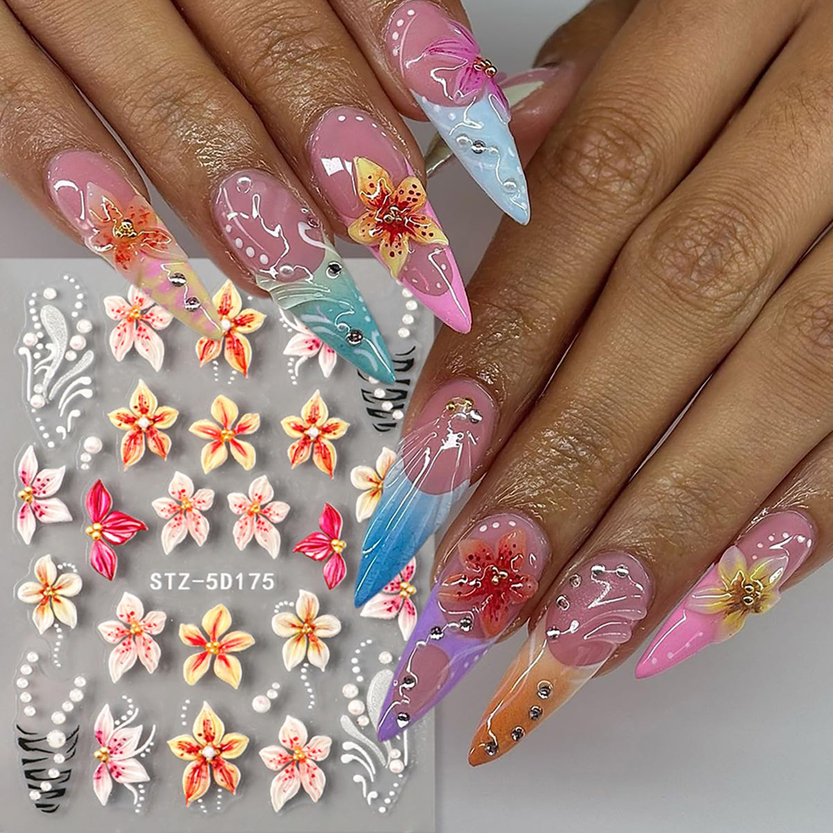 3Sheet 5D Embossed Nail Stickers Spring Nail Art Stickers Decals with Flower Pearl Gold Design Nail Stickers for Nail Art Summer Blue White Pink Flower Self-Adhesive for Women Nail Supplies