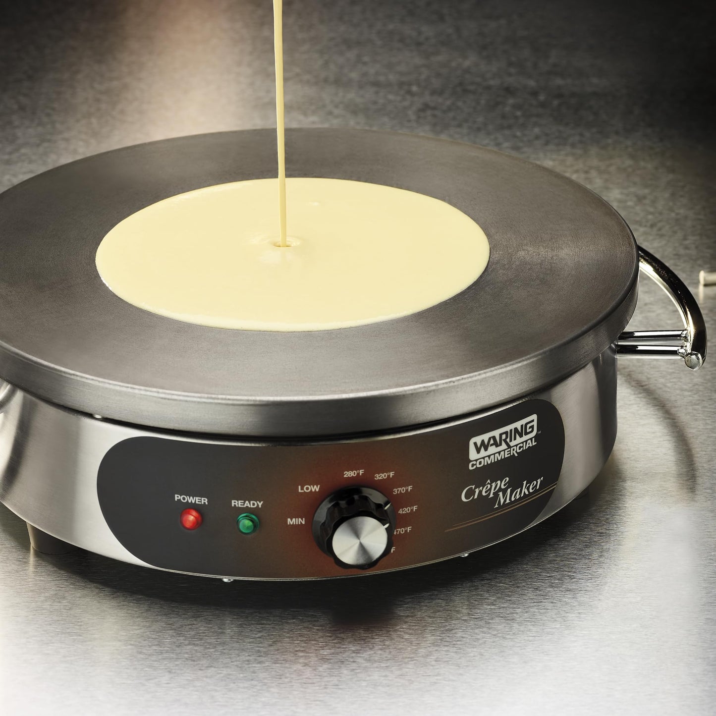 Waring Commercial WSC160X 16" Electric Crepe Maker, Cast Iron Cooking Surface, Stainless Steel Base, Includes Batter Spreader and Spatula, 120V, 1800W, 5-15 Phase Plug