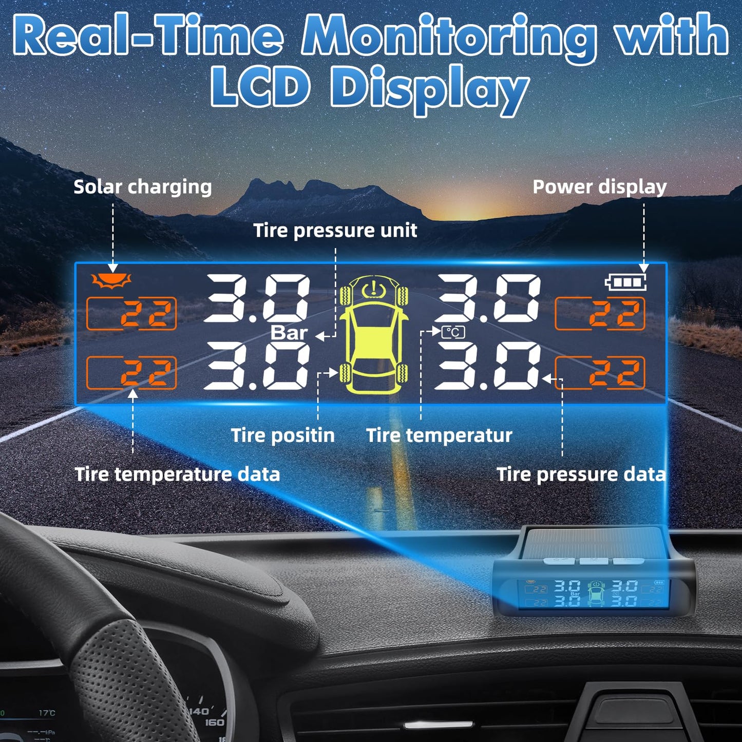 Avutrel Tire Pressure Monitoring System,TPMS with Solar Charging&USB Charging,5Alarm Modes, Real Time Monitoring Pressure and Temperature, Auto& Color Display Screens,Suitable for 4 Wheeled Vehicles