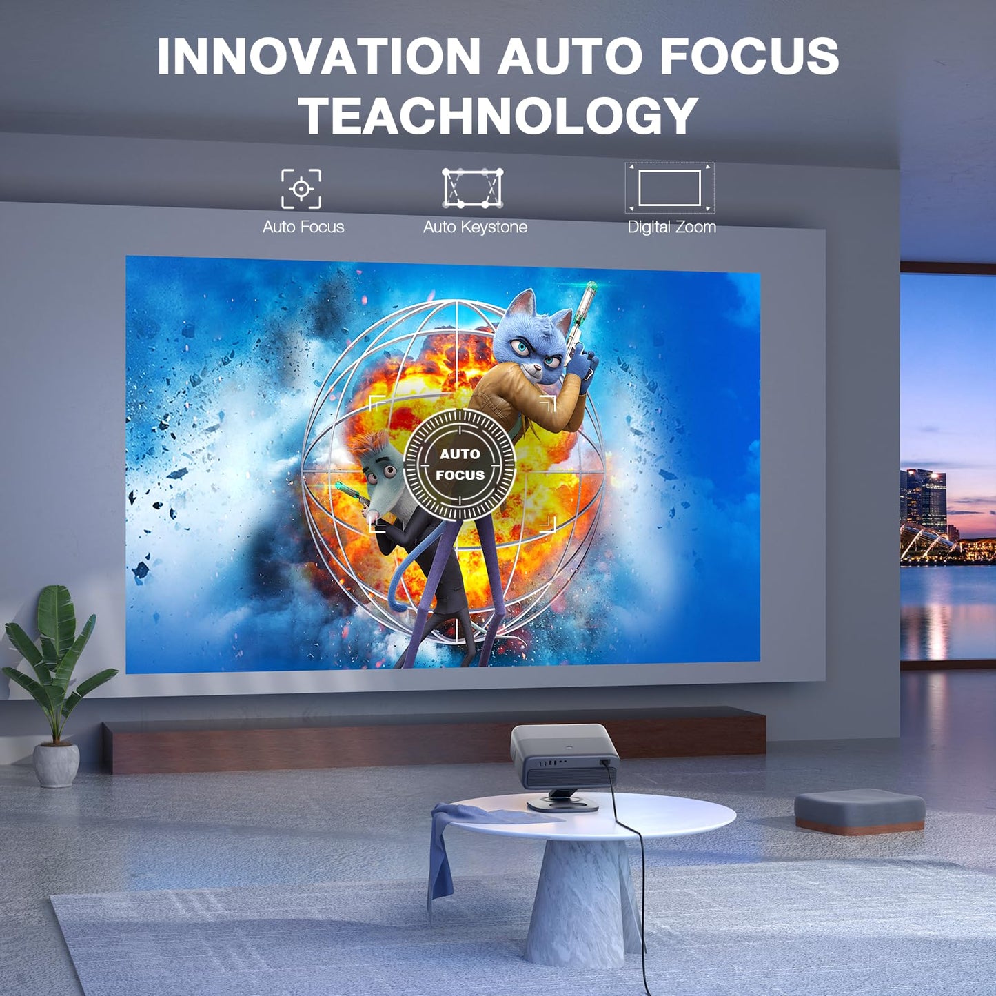[Officially-Licensed APP & 2500 ANSI] 4K Projector with WiFi and Bluetooth,TOF Real-Time Auto Focus Smart Projector, AuKing Outdoor Movie Home Theater Proyector with Omni-Adjustable Stand(Grey)