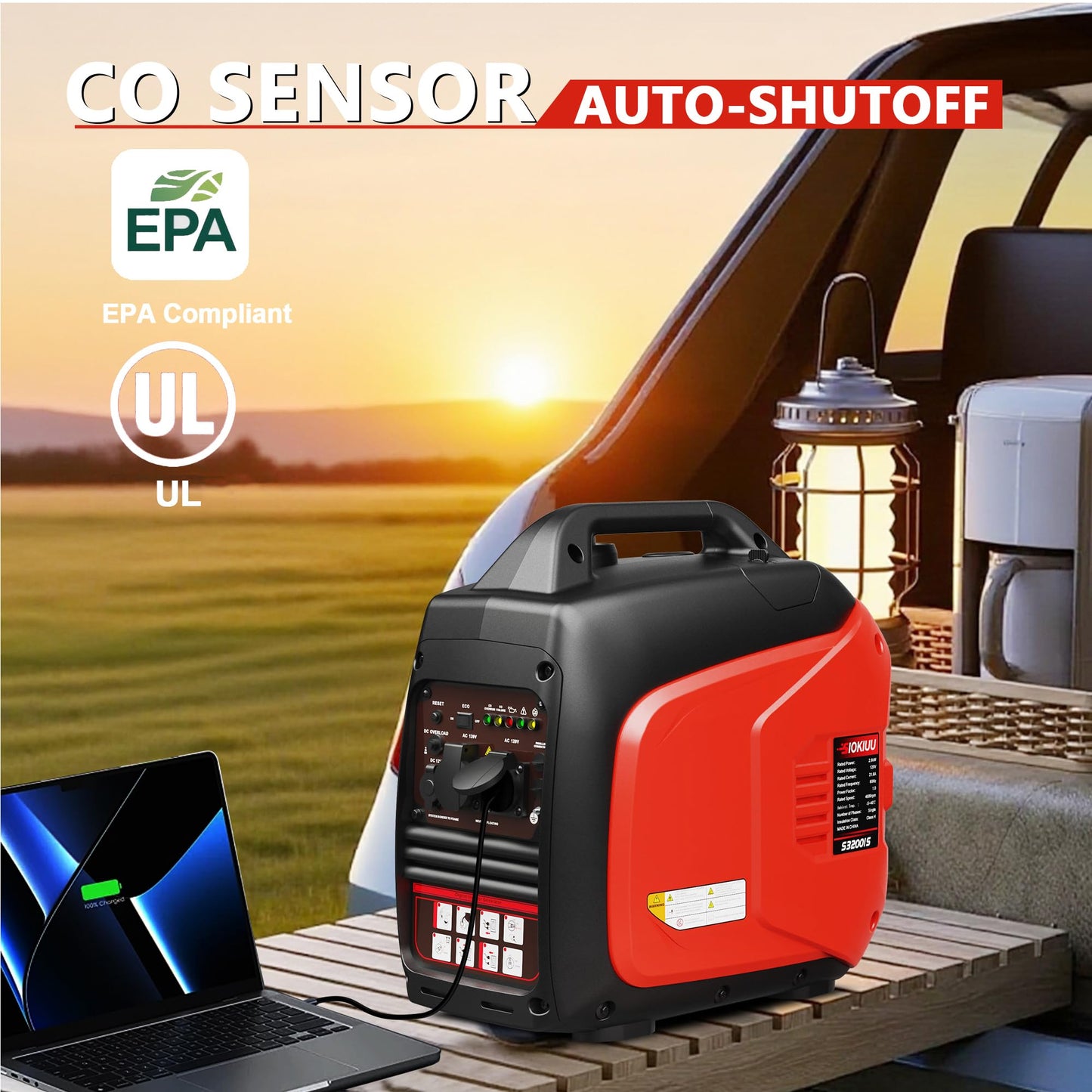 SIOKIUU 3200W Portable Generator Super Quiet Inverter Generator Ultra Lightweight for Home Backup Outdoor Camping, CO Sensor Protect, EPA, ECO Mode