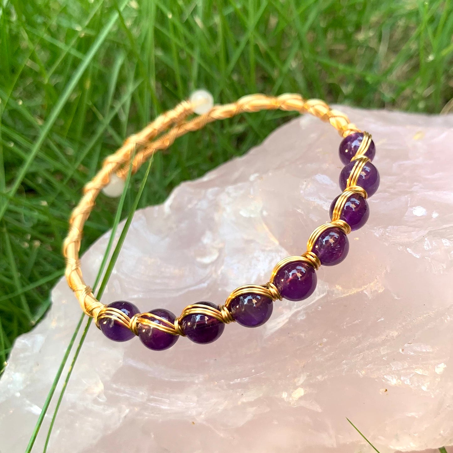 PSEEHEE Handmade Genuine Amethyst Beads 14k Gold Filled Wire Wrapped Bracelet, Birthstone Chakra Healing Crystal Chips Adjustable Bangle Cuff Jewelry Gift for Women Men
