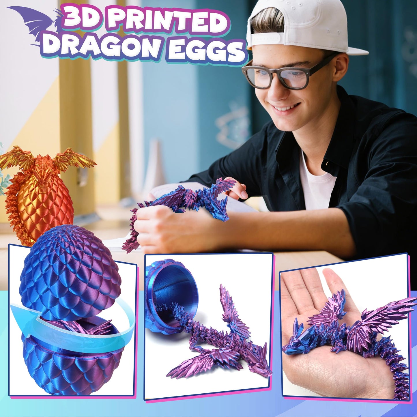 4PC Large 8.2" 3D Printed Dragon Eggs for Kids, Fidget Classroom Treasure Prize for Boy Girl Office Desk Decor for Adult Animals Dinosaur with Wings Travel Toys Easter Basket Stuffers Gifts for Teen