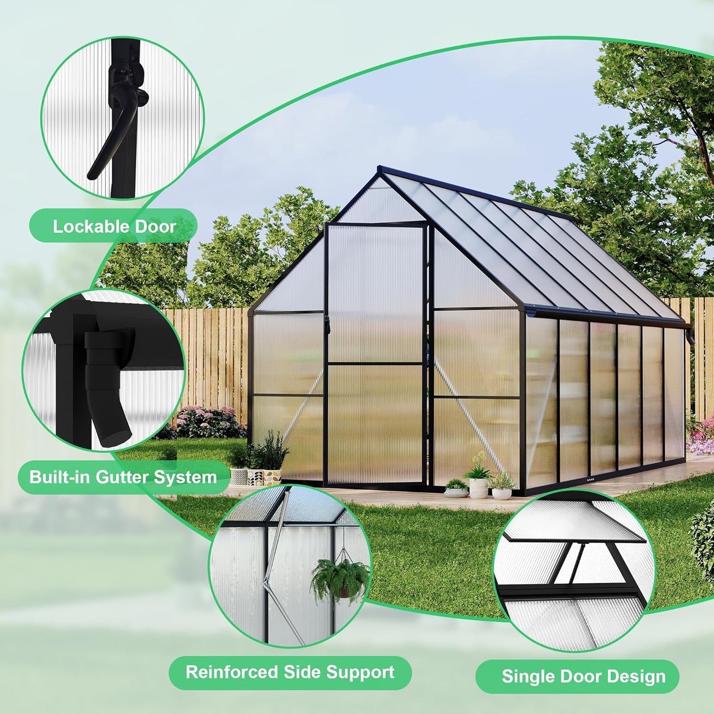 8x12 FT Aluminum Framed Polycarbonate Greenhouse for Outdoors, UV-Blocking Panels, Heavy Duty Structure, Roof Vent, Easy Setup, All-Season Garden Kit